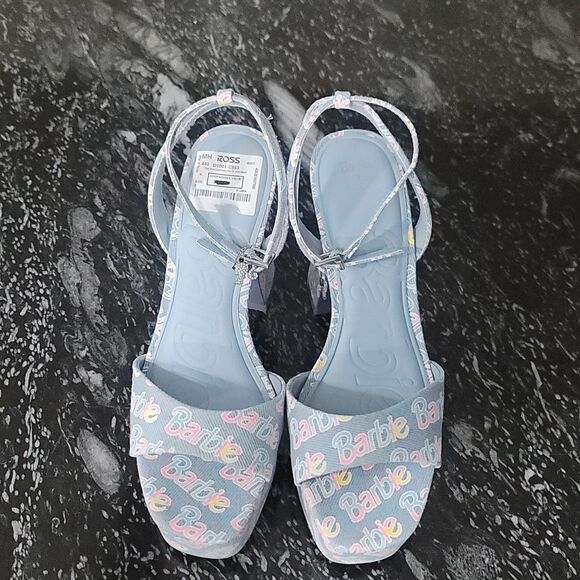 BRAND NEW ALDO BARBIE PARTY PRINTED  DENIM STRAPPY PLATFORM HEELED PLATF… G1 - Picture 2 of 16